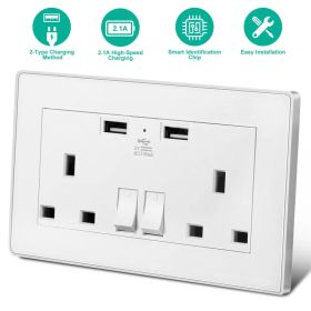 UK Wall Outlet Dual Wall Plug Socket Duplex 2.1A USB Wall Charger with Plug Switch Light Indicator (Option: UK)