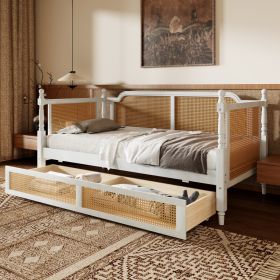 Traditional Style Rattan Twin Size Daybed With 2 Drawers For Limited Space, Guest Room, No Box Spring Needed,Antique White (Option: Antique White)