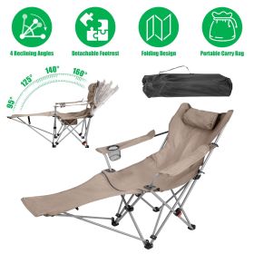 1Pc Reclining Camping Chair with Footrest 4-Position Adjustable Outdoor Folding Chair Heavy Duty Portable Camping Lounge Chair with Headrest Cup (Color: Khaki)