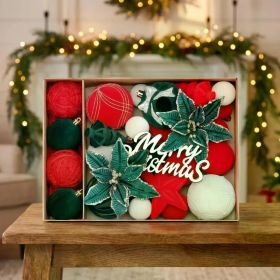 38Pcs Velvet Christmas Tree Ornaments Set, Plush Flocked Christmas Balls, Poinsettia Flower, Star, Bow, Merry Christmas Wooden Sign, Xmas Hanging (Option: as show)